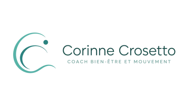 Logo de Corinne Crosetto, coach bien-être et mouvement, avec son nom et slogan sur fond noir.