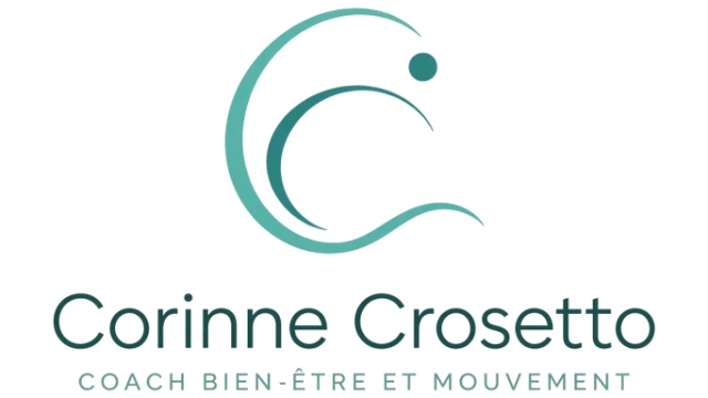 Logo de Corinne Crosetto, coach bien-être et mouvement, avec son nom et slogan sur fond noir.