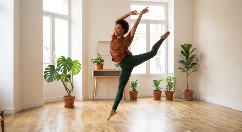 Danseuse professionnelle effectuant un grand jeté en l'air dans un studio lumineux, entourée de plantes vertes.